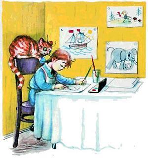 Девочка сидела за столом и рисовала картинки