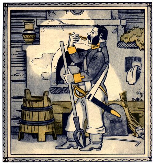 Солдат варит кашу из топора снимает пробу