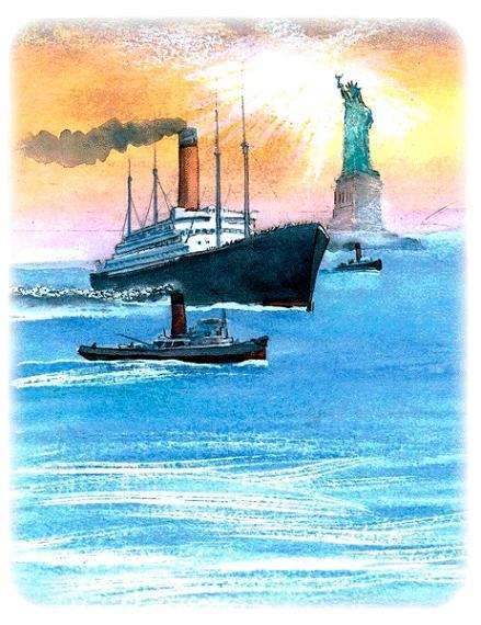 корабль на фоне статуи свободы