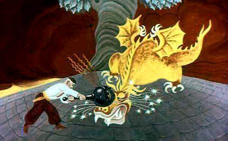 Ударил Катигорошек  змея булавой по голове