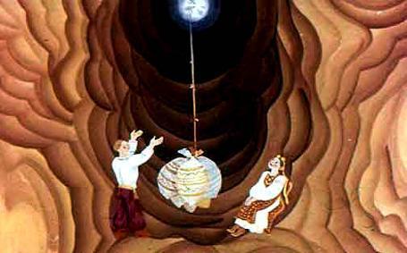 Катигорошек привязал к верёвке один мешок и дёрнул, чтобы тянули: — Это ваше. Вытянули, спустили снова верёвку. Он привязал второй. — И это ваше.