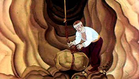 Катигорошек привязал к верёвке камень и кричит: — Тяните меня!