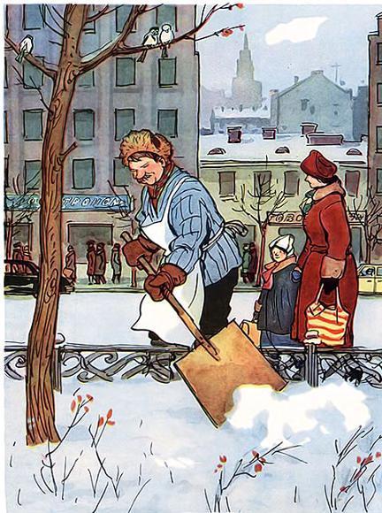 дворник убирает снег на улице