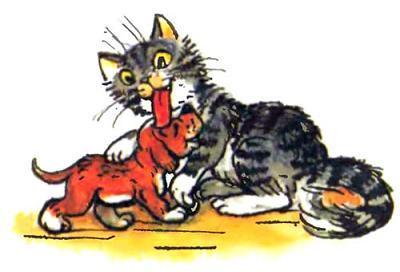 кошка вылизывает умывает щенка