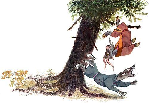 козел упал с дерева на волка