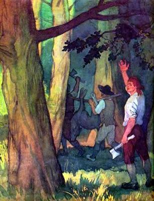 Красная шапочка (сказка) мимо домика дровосеки с топорами на плечах