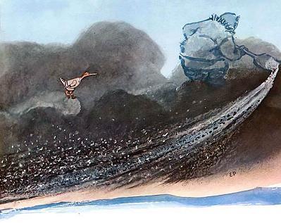 Куличок и и ворон Куркыль (чукотская сказка) возле ледяной яранги стоит сам хозяин — Мороз и снег на землю лопатой сбрасывает