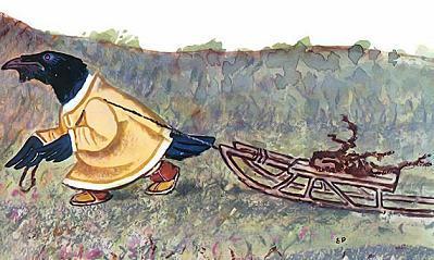 Куличок и и ворон Куркыль (чукотская сказка) ворон тащит сани по траве