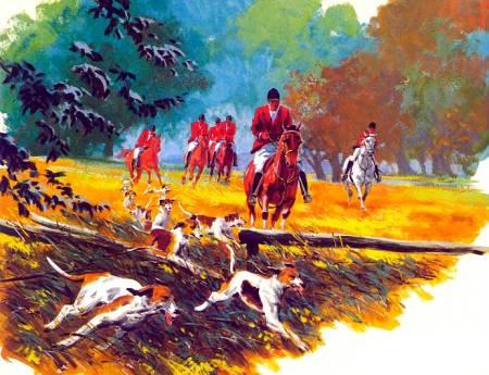 Верховые охотники со сворой собак.