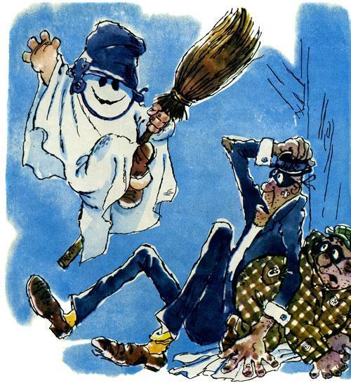 Карлсон в простыне привидение пугает жуликов