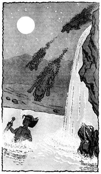 Маугли (повесть) Маугли прыгает в воду убегая от диких рыжих собак атакованых пчелами