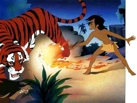 Маугли (сказка) Маугли подняв горящий факел прижег им Шер-хана