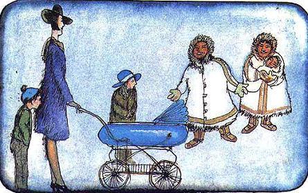 Мэри Поппинс с коляской  Майкл и Джейн на севере эскимосы с ребенком