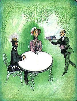 Мэри Поппинс с кавалером за столиком официант