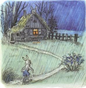 заяц возвращается домой под дождем