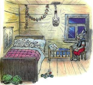 зайчиха и зайчата спят дома в кроватке