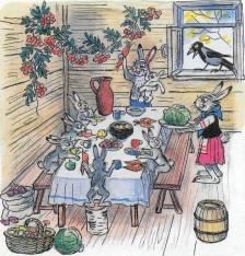 зайчата заяц и зайчиха пируют за столом 