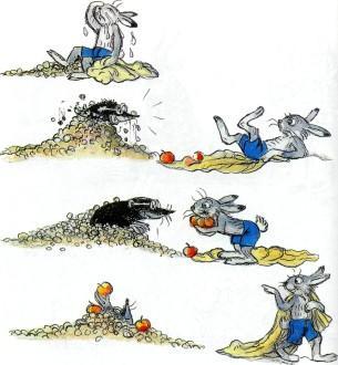 Сказка: Мешок яблок (иллюстрации: Сутеев В.) заяц раздает яблоки кроту угостил крот в норе
