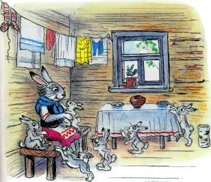 Сказка: Мешок яблок (иллюстрации: Сутеев В.) зайчиха с зайчатами дома