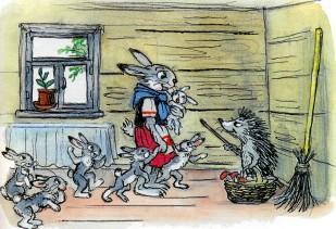 Сказка: Мешок яблок (иллюстрации: Сутеев В.) зайчиха и зайчата еж принес лукошко с грибами