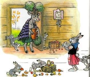 Сказка: Мешок яблок (иллюстрации: Сутеев В.) зайчиха и зайчата коза принесла капусту и молоко