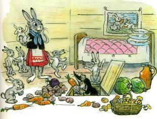 Сказка: Мешок яблок (иллюстрации: Сутеев В.) зайчиха и зайчата крот принес овощи петрушка морковка картошка свекла