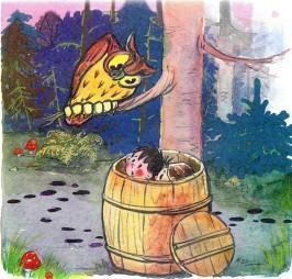 Сказка: Мы ищем кляксу (иллюстрации: Каюков Л.) мальчик и девочка прячутся в бочке сова филин на дереве