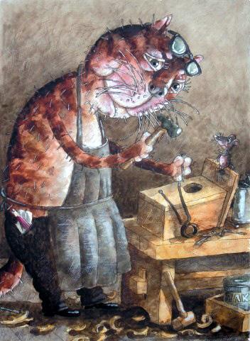 кот и мышонок В столярной мастерской