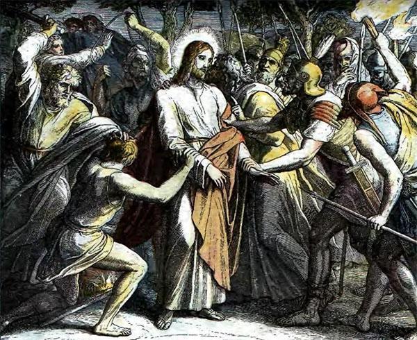 Спасителя солдаты окружают и связывают