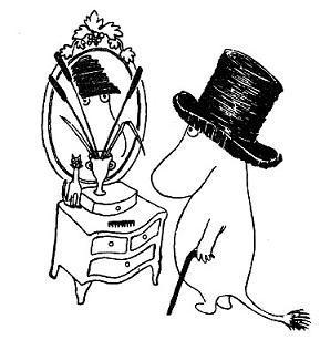 Муми-тролль примеряет у зеркала Шляпу волшебника