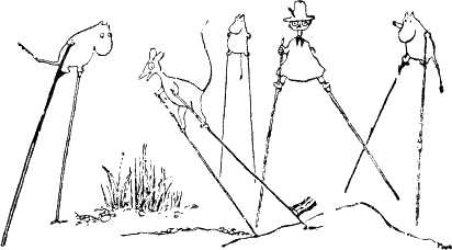 Муми-тролль Снусмумрик фрёкен Снорк и Снифф идут  на ходулях