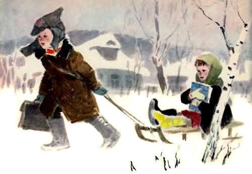 мальчик тянет санки на которых сидит девочка
