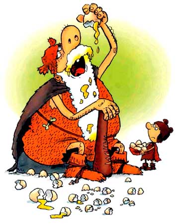 Неандерталец ест яйцо