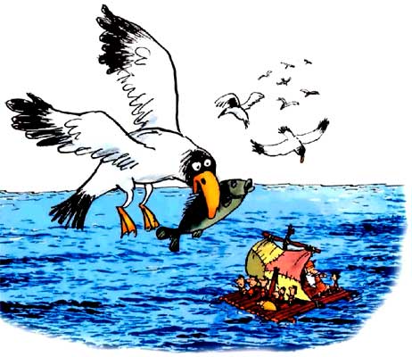 плот в море чайка с рыбой