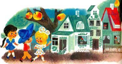 Снежинка и Синеглазка вышли с Незнайкой на улицу