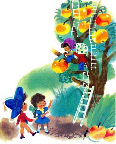 Приключения Незнайки и его друзей (роман-сказка) Незнайка и Синеглазка под яблоней собирают яблоки