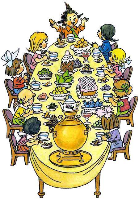 Незнайка и малыши за столом