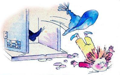 Незнайка стукнулся головой о дверь, отчего обе ее створки широко распахнулись, и, вылетев прямо на улицу, грохнулся посреди мостовой