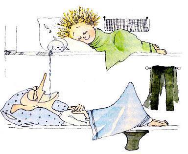 Незнайка и Скуперфильд пьет воду лежа в кровати