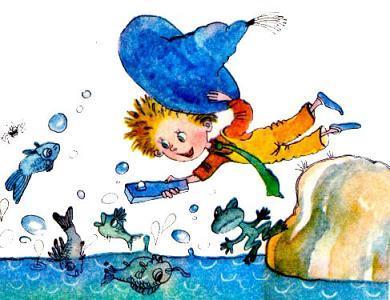 Незнайка с прибором невесомости у озера рыбы в воде