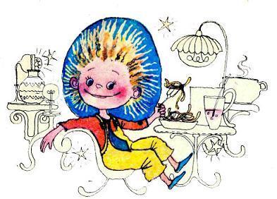 Незнайка кушает за столиком кафе