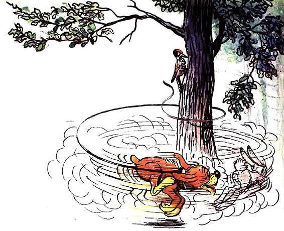 Пиф бегает за зайцем вокруг дерева