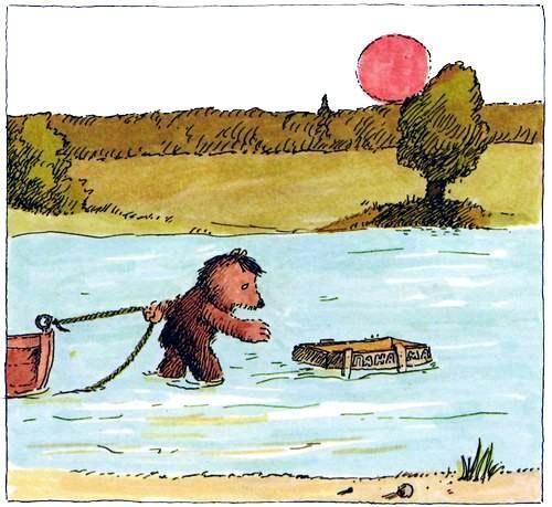 медвежонок тащит лодку по реке