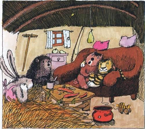 медвежонок и тигрёнок сидят на диванчике у зайца и ёжика