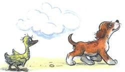 Сказка: Однажды утром (иллюстрации: Сутеев В.) утенок и щенок