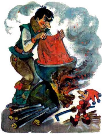 Эот Линг Урфин Джюс принялся кипятить в котле воду, чтобы окрасить свой костюм в красный цвет