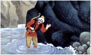 Охотник Харибу у черной скалы