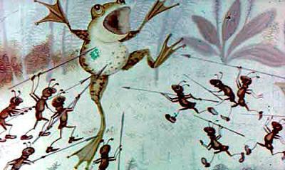 Со всех сторон набросились муравьи на лягушку и давай жалить ее в спину, и в брюхо, и в лапы