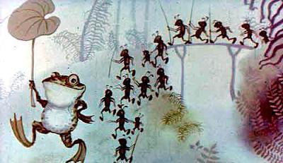 Впереди шлепала лягушка, а за ней - целое полчище муравьёв.