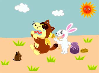 Отважный заяц (сказка) Отважный заяц быстро намазал спину Енота своим лекарством и убежал.